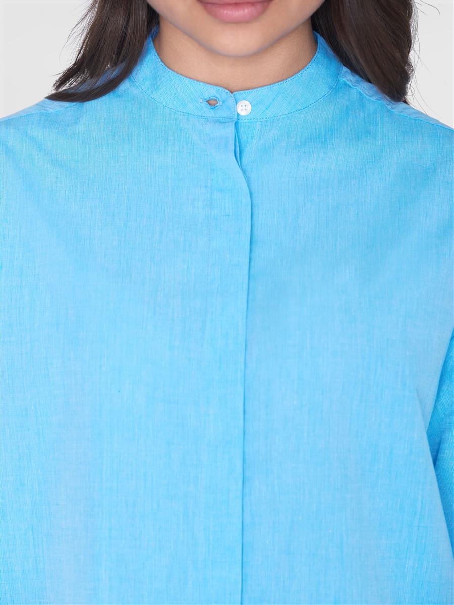 Loose Chambray Stand Collar Long Shirt Dress