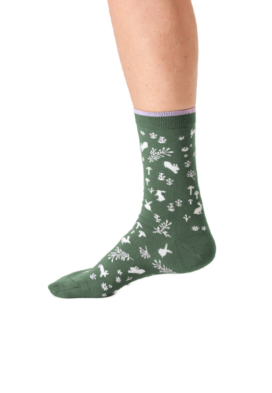 Womens Woodland Floral Outline Bamboo Crew Socks
