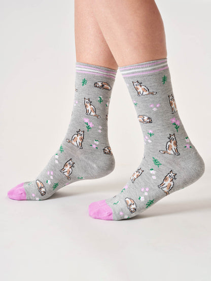 Womens Floral Cat Organic Cotton Crew Socks