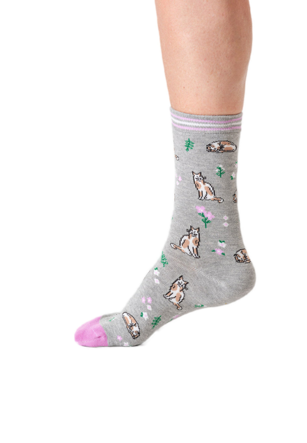Womens Floral Cat Organic Cotton Crew Socks