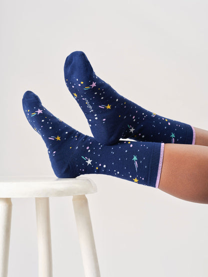 Stars And Moons Motif Bamboo Crew Socks