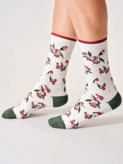 Womens Winter Robin Organic Cotton Crew Socks
