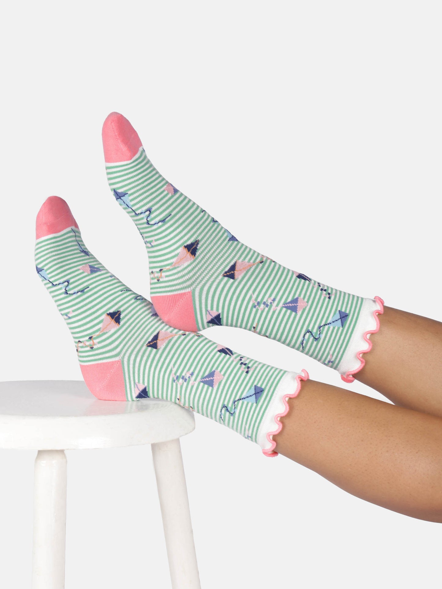 Womens Flying Kites Bamboo Frill Crew Socks - Marlowe nature