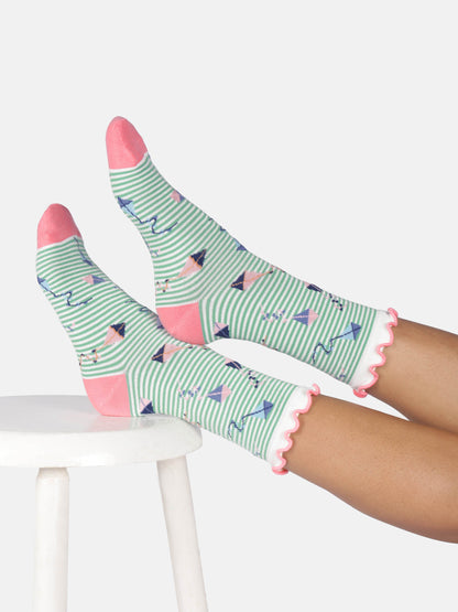 Womens Flying Kites Bamboo Frill Crew Socks - Marlowe nature