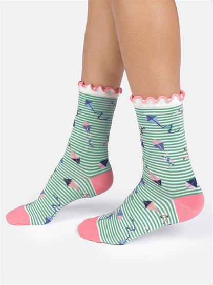 Womens Flying Kites Bamboo Frill Crew Socks