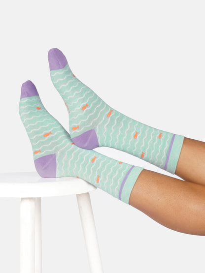 Womens Wavy Fish Stripe Bamboo Crew Socks