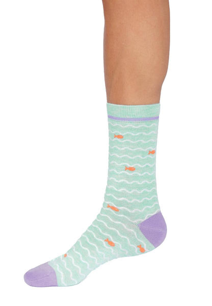 Womens Wavy Fish Stripe Bamboo Crew Socks